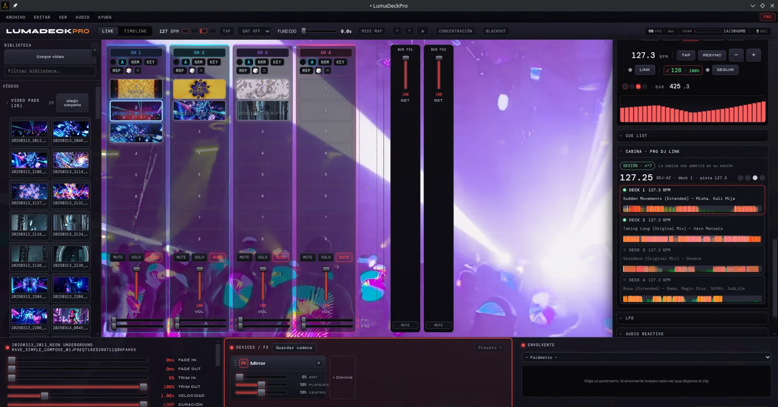 LumaDeck Pro reading the booth live, with the decks and their tempo on screen