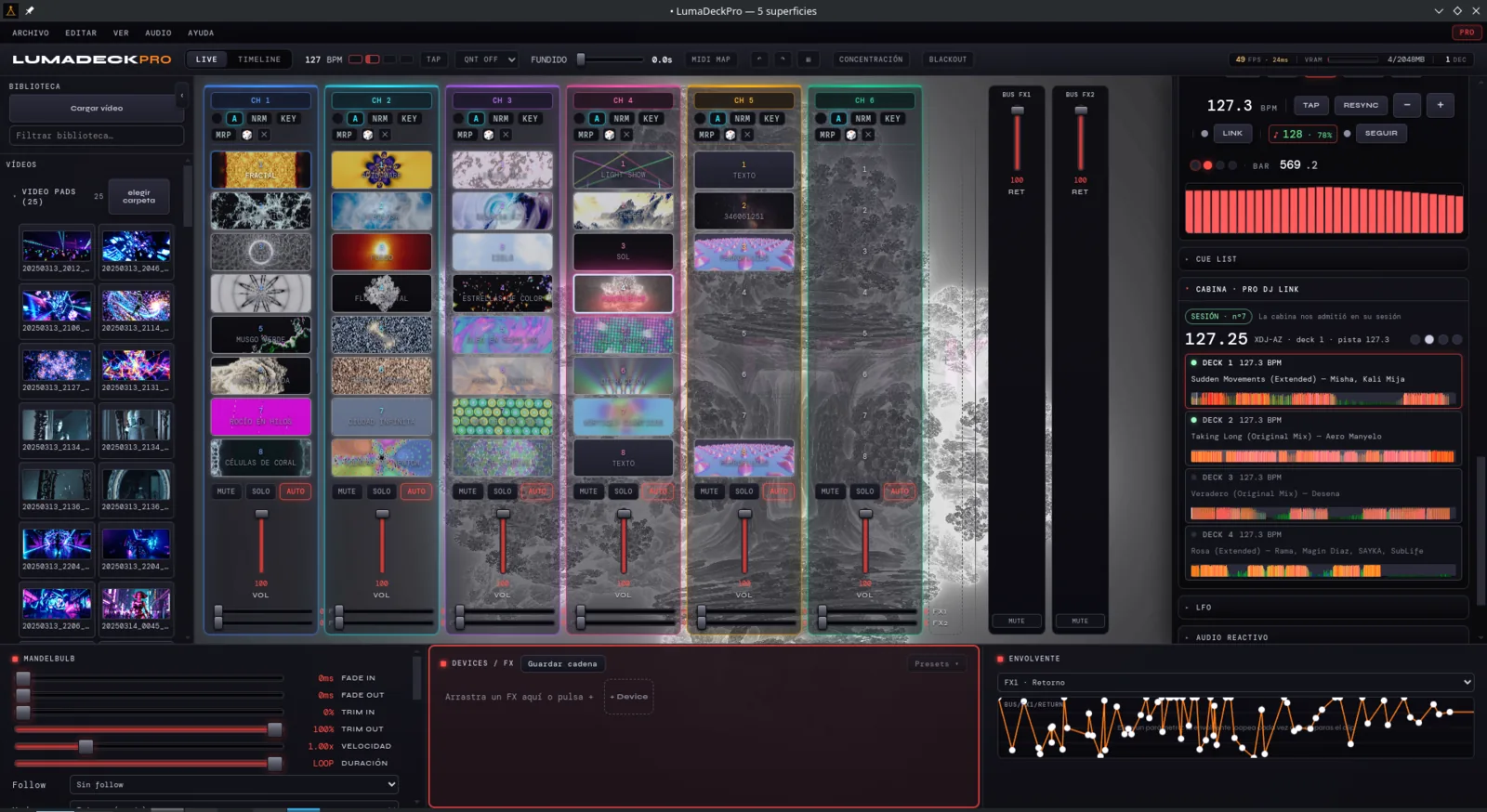 LumaDeck Pro LIVE view: six channels with clip grids, master output, FX bus and the booth panel